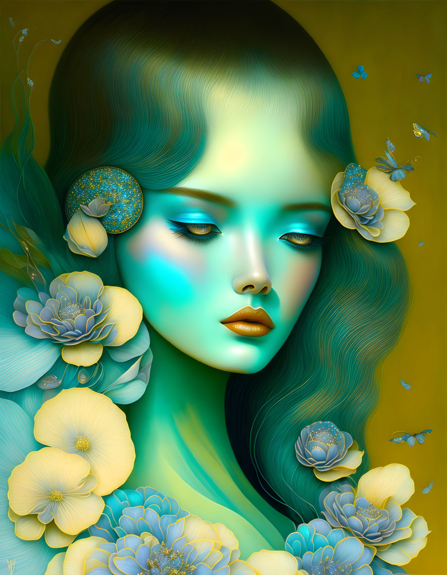 Teal-skinned woman with yellow flowers and blue butterflies