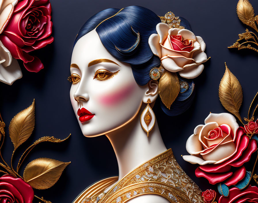 Woman with blue hair, gold jewelry, red roses on dark background