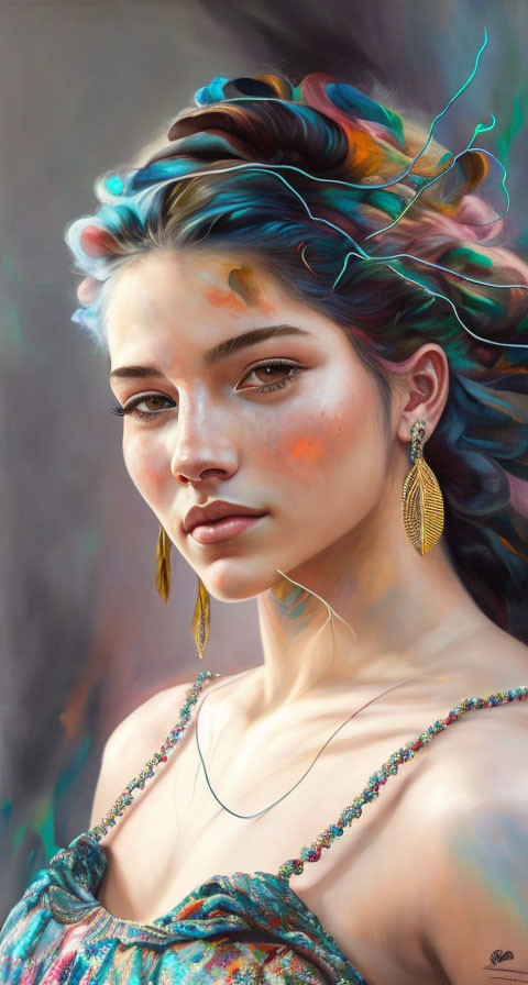 Colorful portrait of a woman with vibrant feather-like hairstyle and intricate jewelry