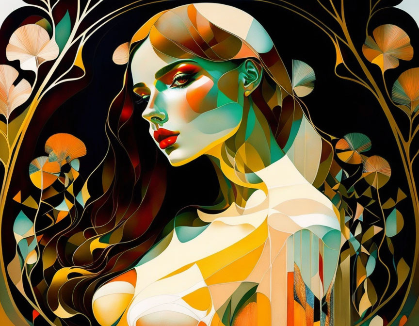 Vibrant warm colors in stylized digital portrait of woman