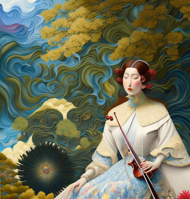 Illustration of serene woman with violin in traditional attire against golden clouds and blue waves