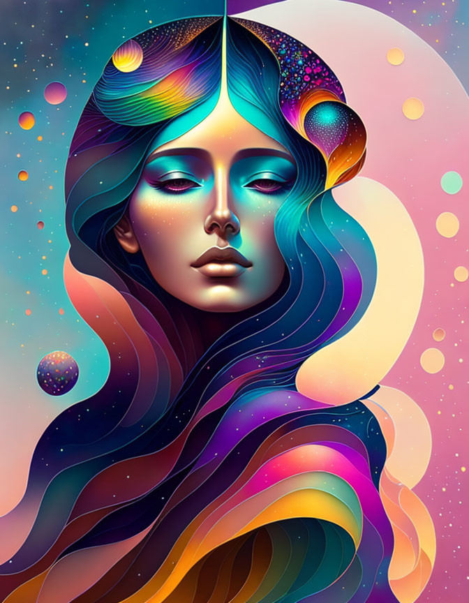 Vibrant surreal portrait of woman with cosmic hair and celestial backdrop