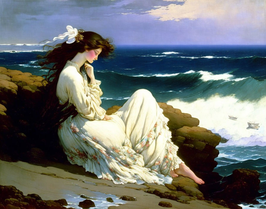 Woman in white dress gazes at turbulent sea with sailing ship in distance