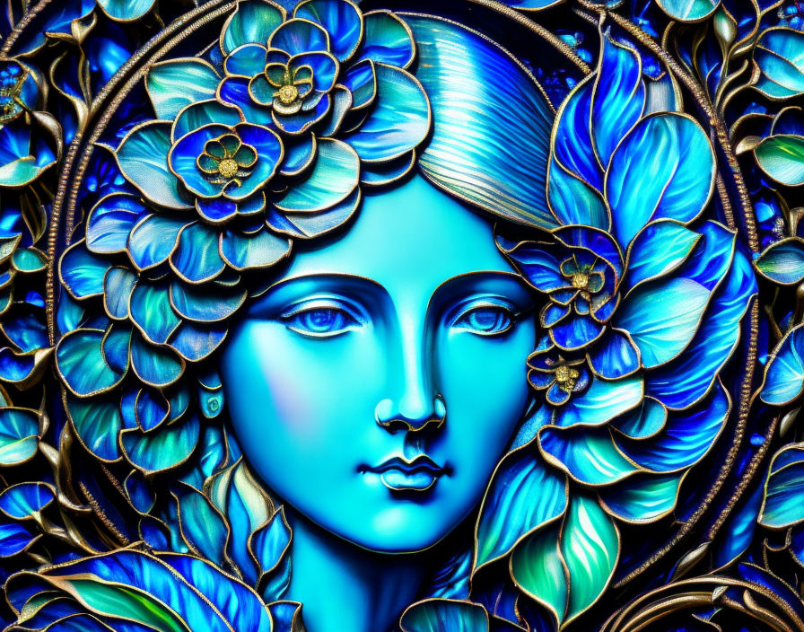 Embossed blue artwork with intricate floral motif and serene feminine face