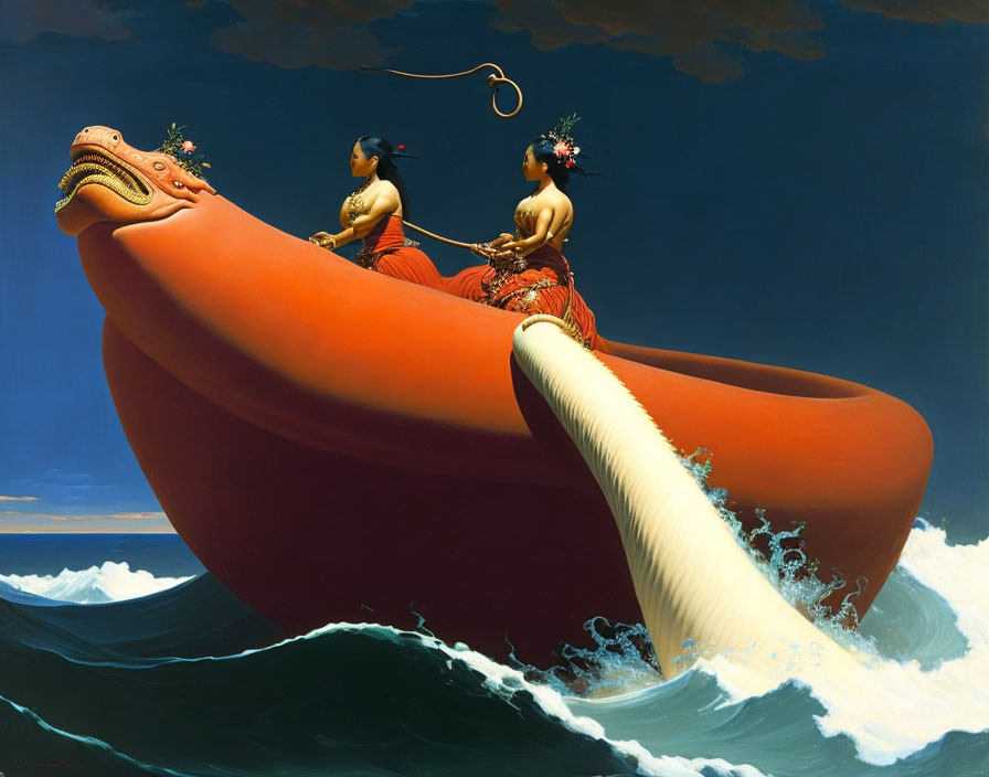 Traditional attired women paddling outrigger canoe with banana peel sail.