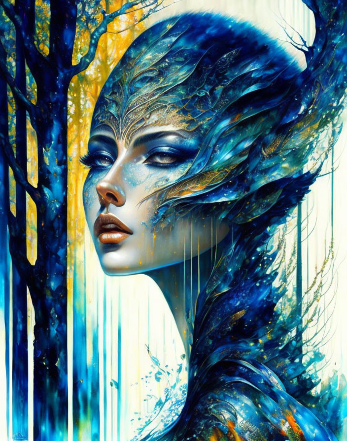 Mystical woman illustration in blue and gold with tree elements