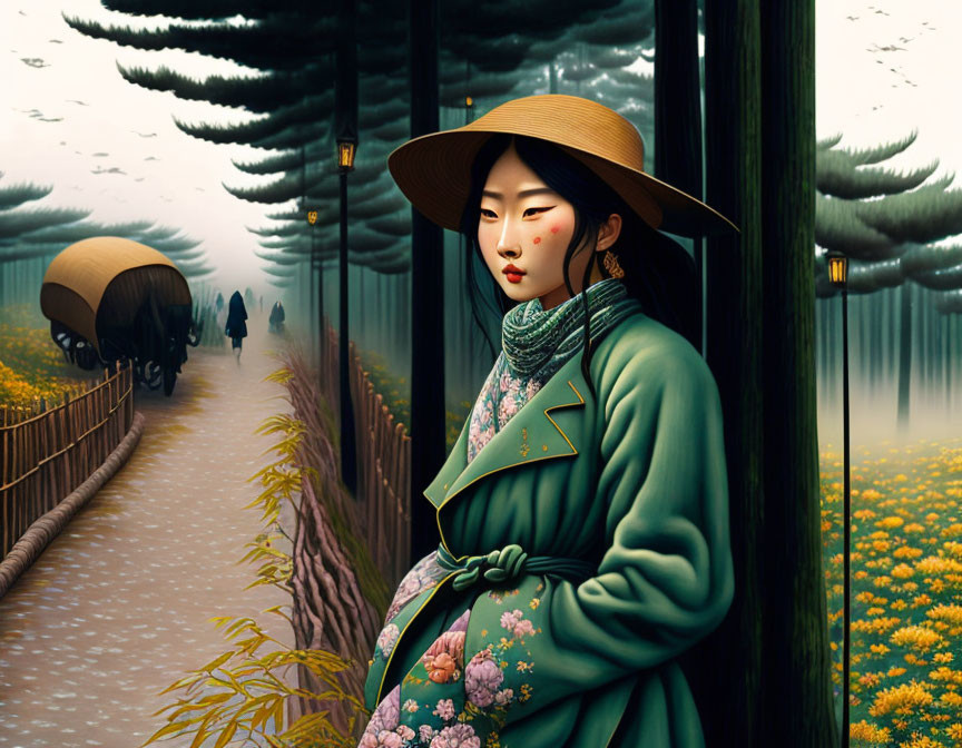 Traditional Asian attire woman illustration in forest setting with ox carts and yellow flowers