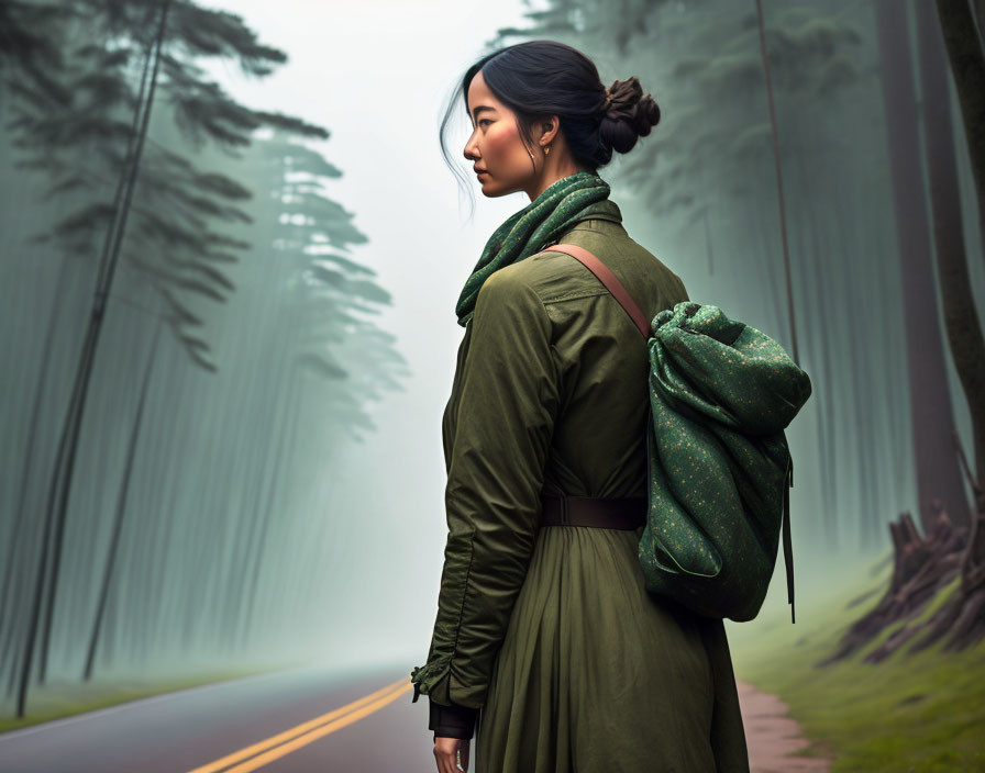 Woman in Green Dress and Backpack Gazing at Misty Forest Road