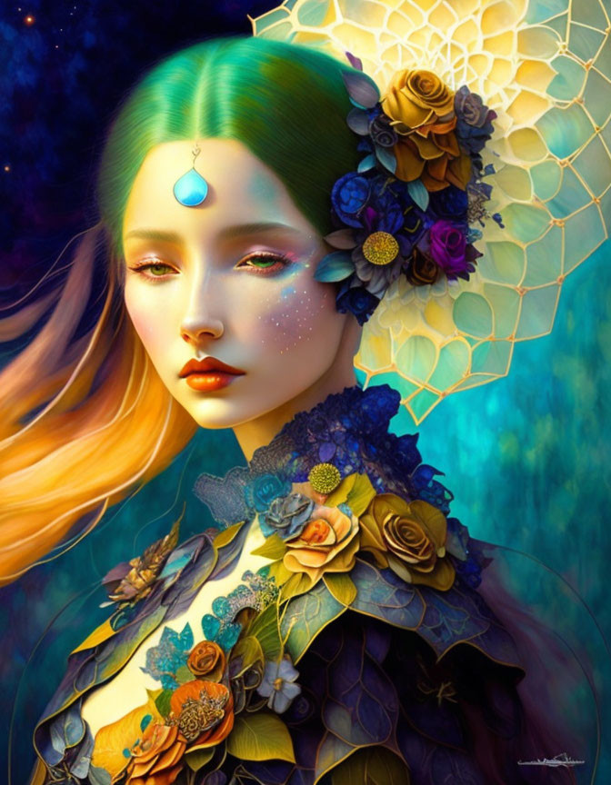 Fantasy illustration: Woman with green hair, floral collar, moon bindi, vibrant colors.