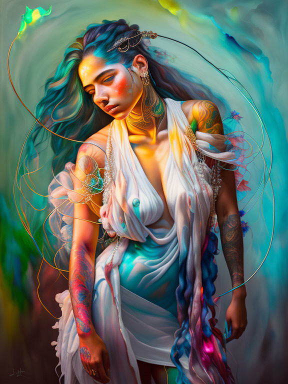 Ethereal female figure with vibrant tattoos and whimsical accessories