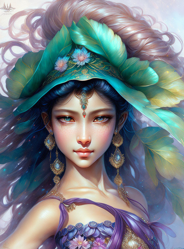 Illustrated fantasy female with wavy hair, feathers, flowers, purple dress, and gold jewelry.