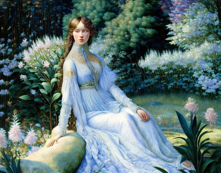 Woman in Blue Dress Sitting in Flower-Filled Garden