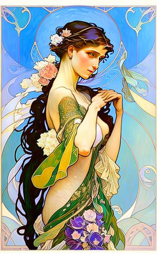 Art Nouveau Woman Portrait with Flowers and Green Dress