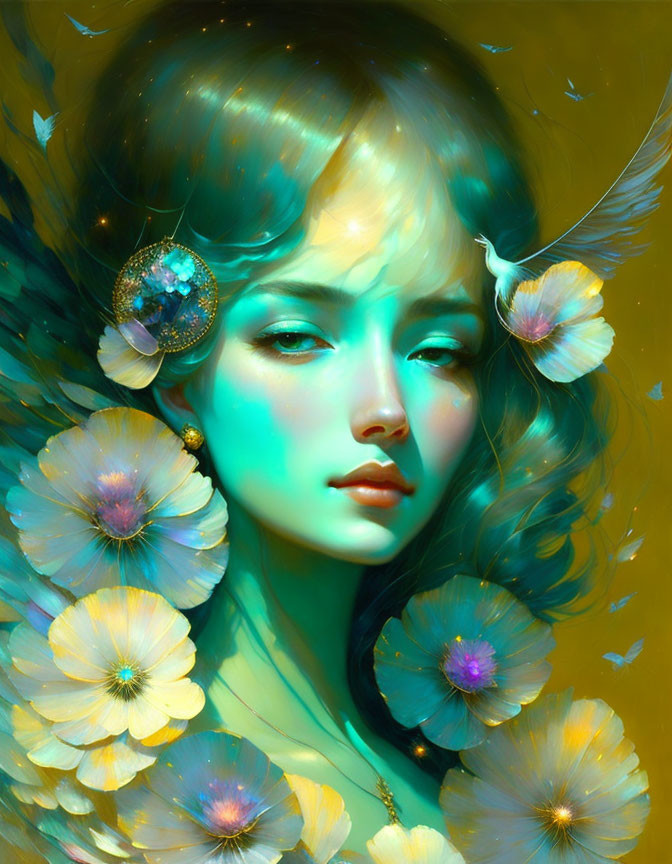 Fantasy portrait of woman with turquoise skin, yellow flowers, feathers, celestial hair glow