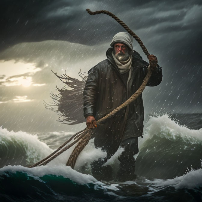 Bearded man in stormy sea pulls thick rope