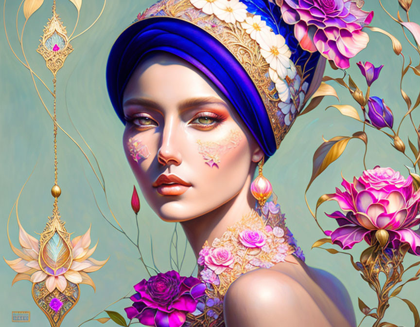 Vibrant flower-adorned woman with blue headwrap & jewelry