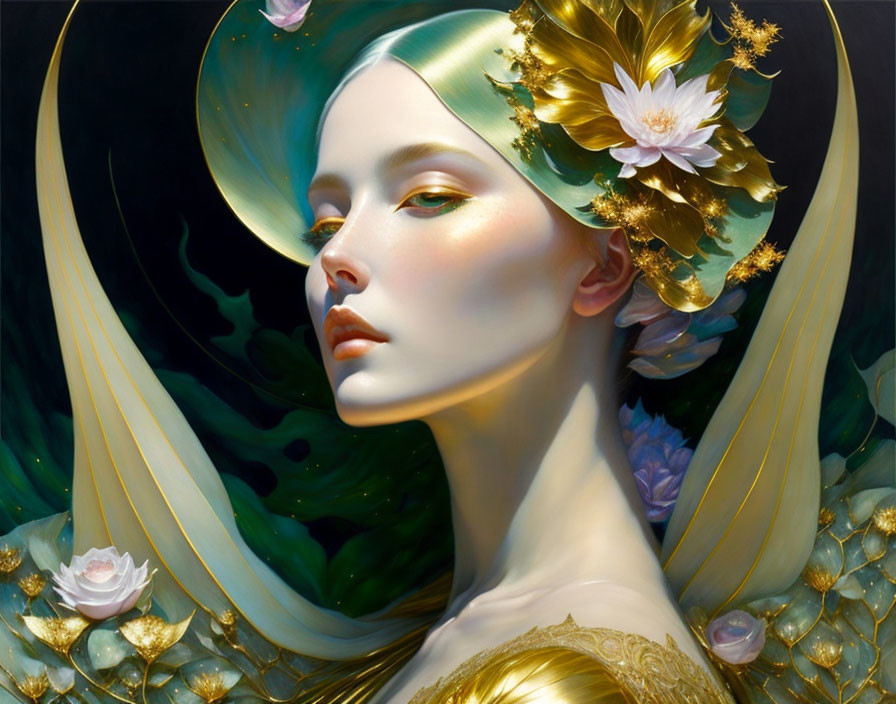 Ethereal artwork: Woman with fair skin, golden adornments, radiant halo, lustrous