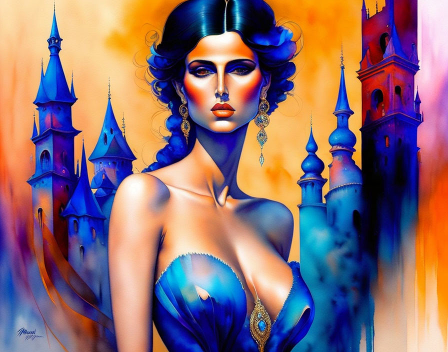 Fantasy illustration of woman in blue gown with colorful castle.