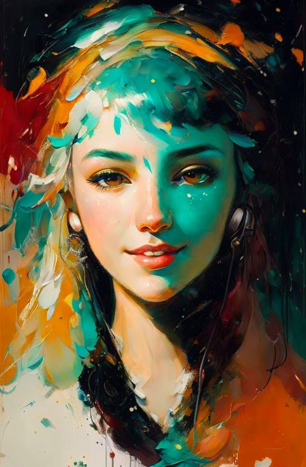 Colorful portrait: smiling woman with turquoise hair highlights, bold brush strokes