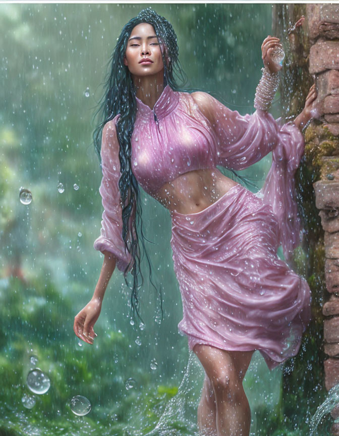 Woman in Translucent Pink Outfit Standing in Rain with Greenery and Brickwork Background