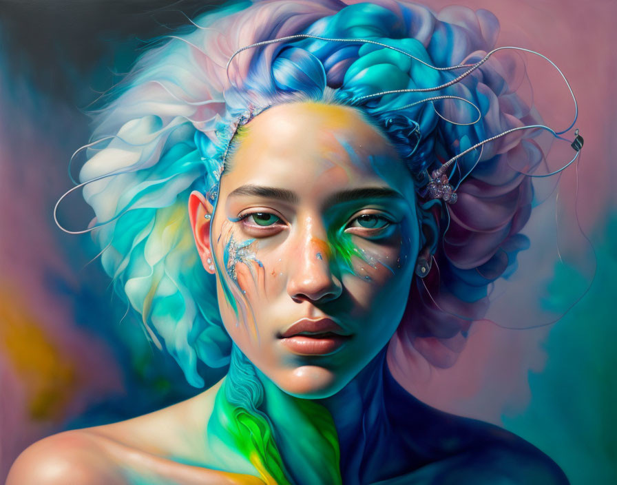 Colorful surreal portrait with flowing hair and intricate facial designs