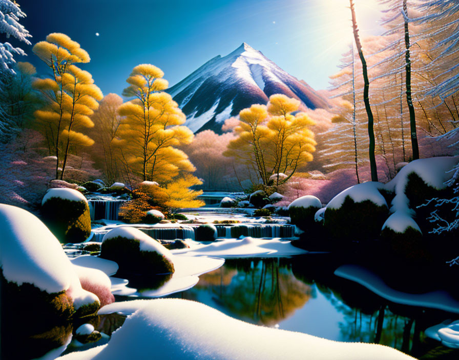 Snow-covered winter landscape with stream, golden trees, blue sky, mountain view