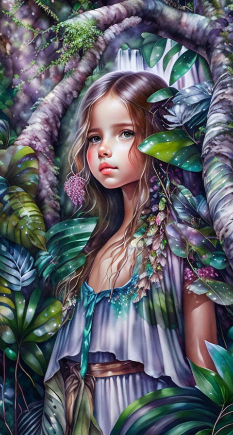 Young girl with expressive eyes in whimsical forest setting among lush greenery and vines