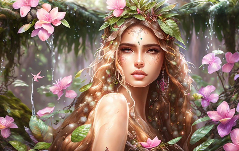 Fantastical portrait of a woman with floral adornments in mystical forest.