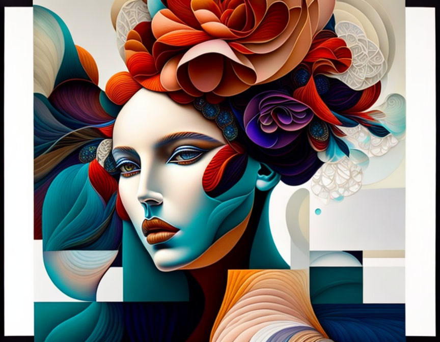 Vibrant artwork featuring woman with intricate, colorful floral hairstyle