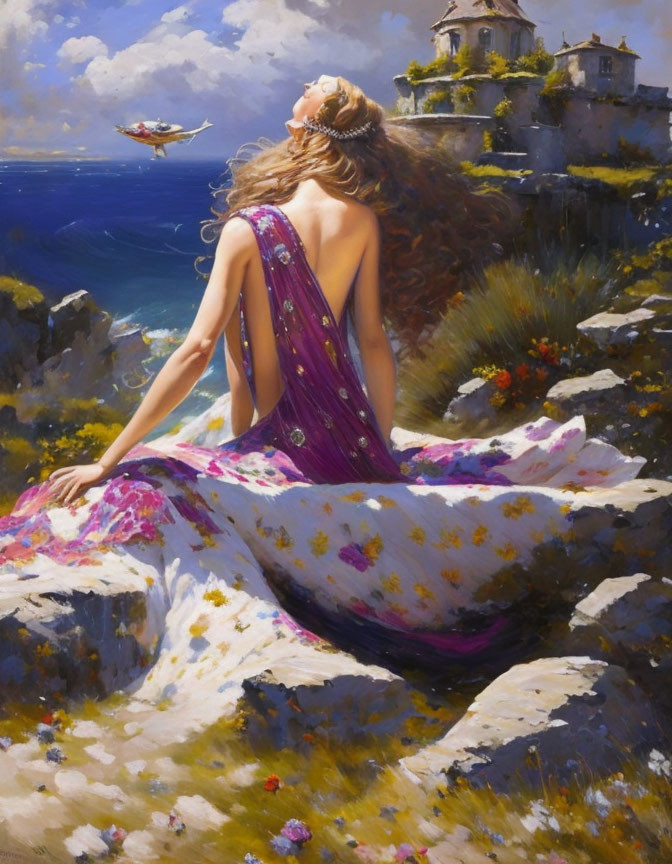 Woman in Purple Gown Gazes at Seascape with Boat and Cliffside