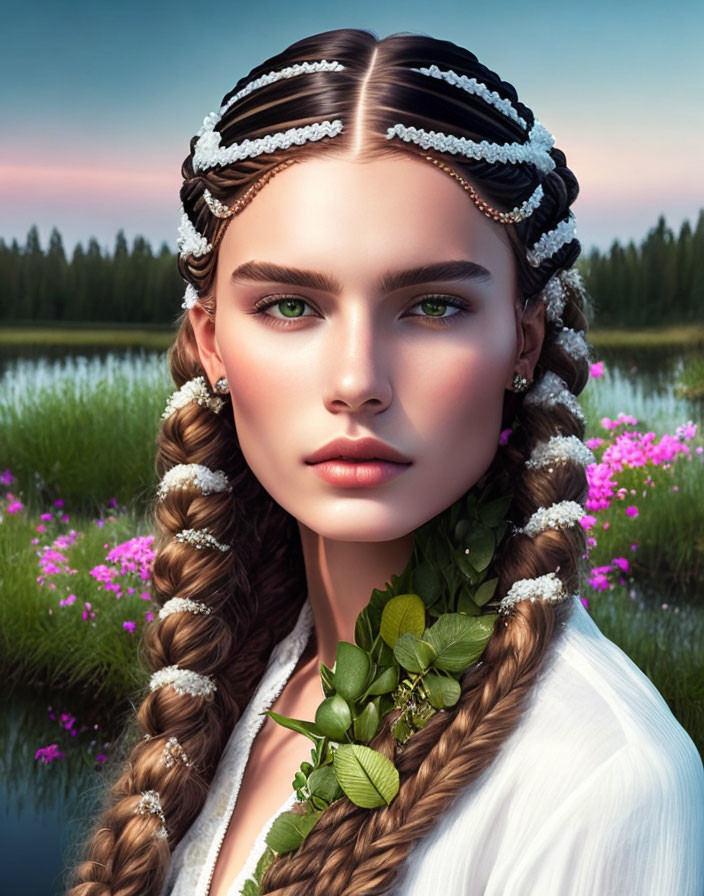 Digital portrait: Woman with green eyes, braided hair, pearls, white outfit by serene lake.