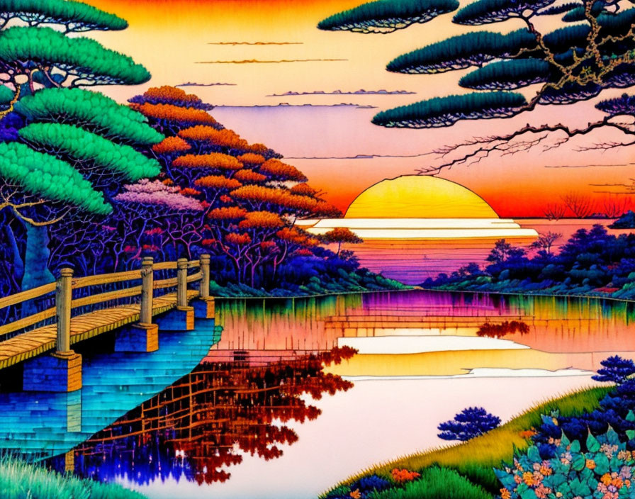 Colorful sunset over tranquil lake with wooden bridge and lush trees.