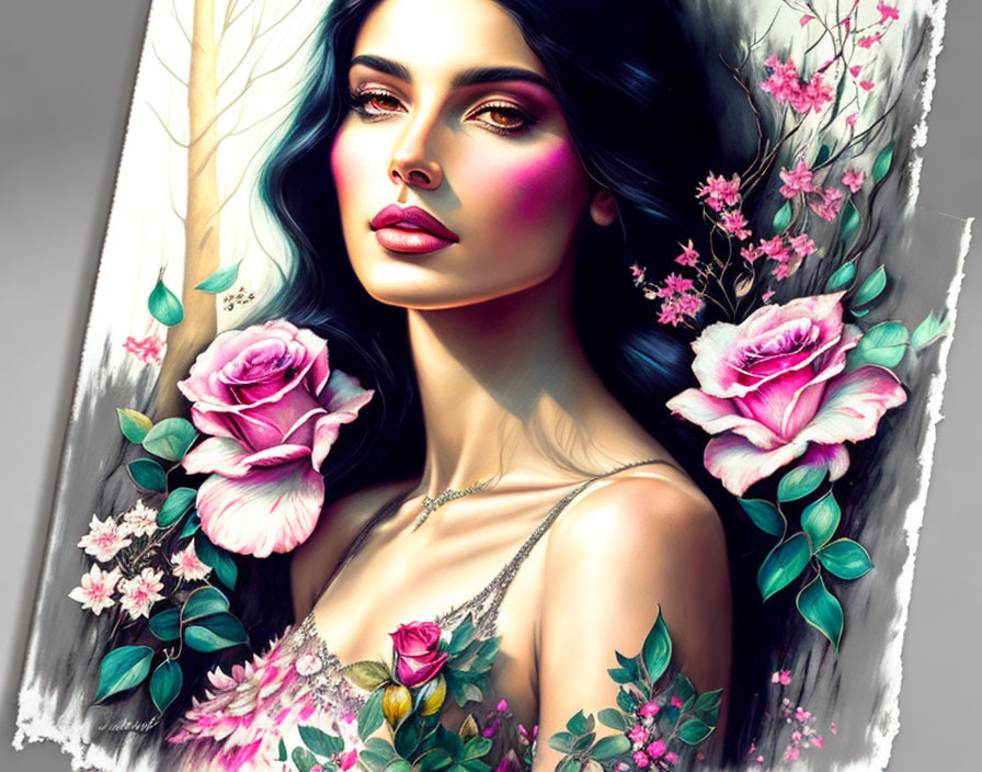 Illustrated portrait of woman with vibrant pink makeup and dark hair among lush pink and white flowers