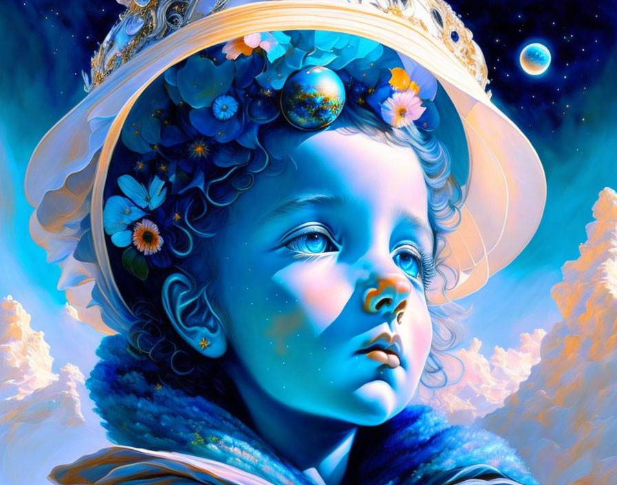 Colorful digital art: Child with cosmic headdress, planets, flowers, celestial backdrop