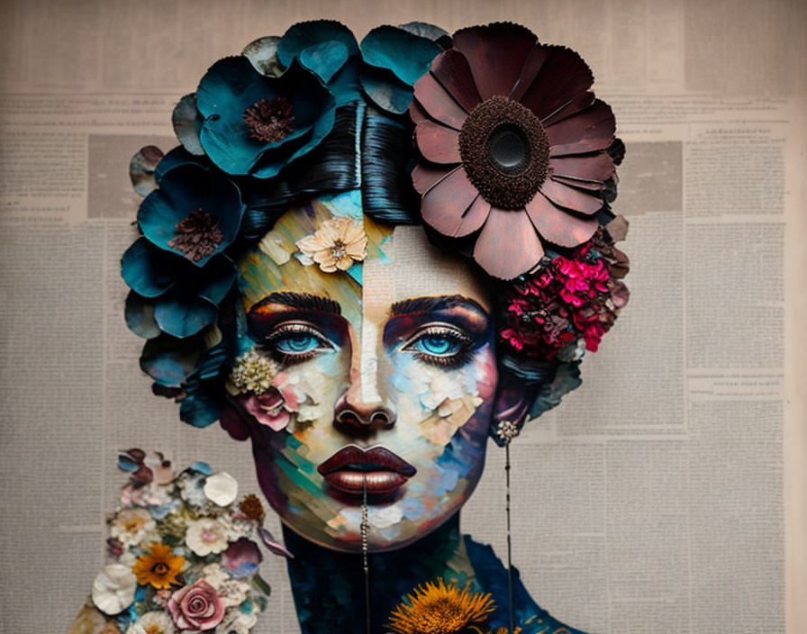 Colorful floral and newspaper collage of woman's face