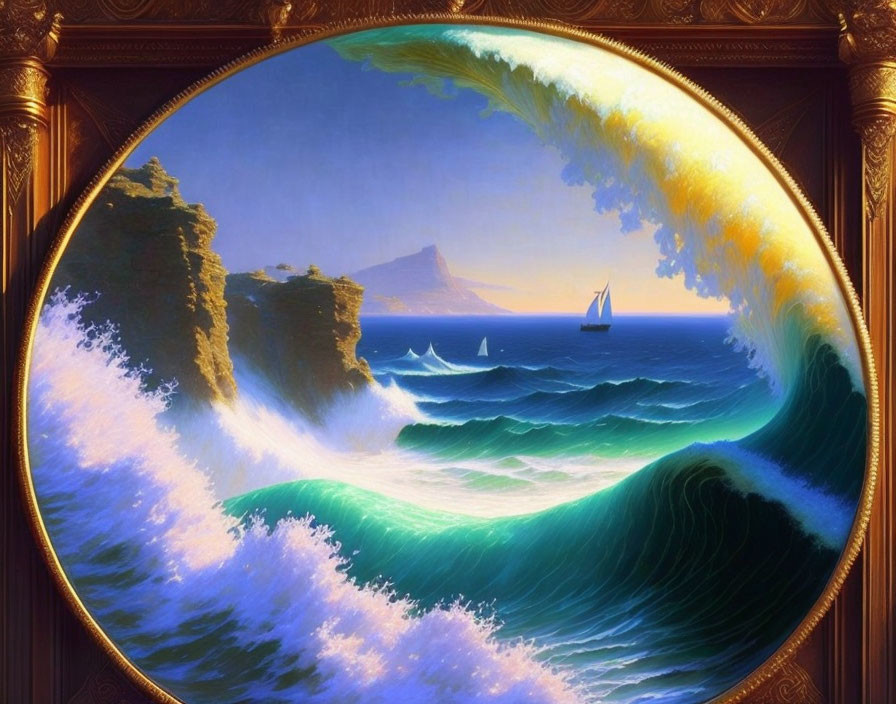 Large wave curling over calm sea with cliffs, sailboats, and clear sky in ornate frame