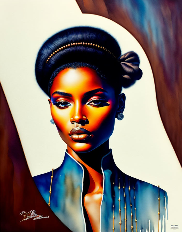 Stylized portrait of a woman with high bun, makeup, and jewelry against abstract backdrop