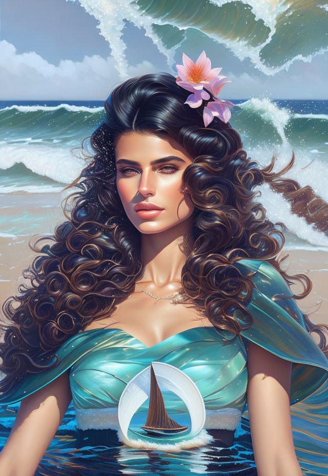 Illustrated woman with curly hair in blue dress with sailboat motif and seascape background.