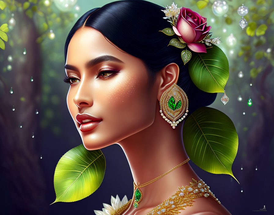 Digital illustration of woman with rose in hair, glittering adornments, lush green backdrop, and jewelry