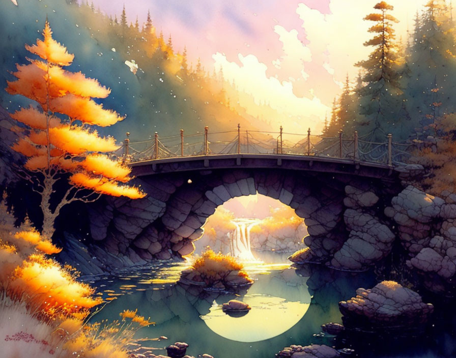 Stone bridge over serene river in autumn forest at sunset