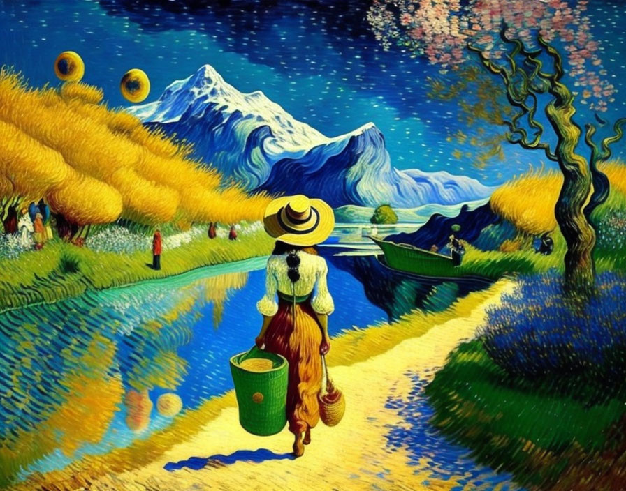 Colorful painting of person in fantastical landscape