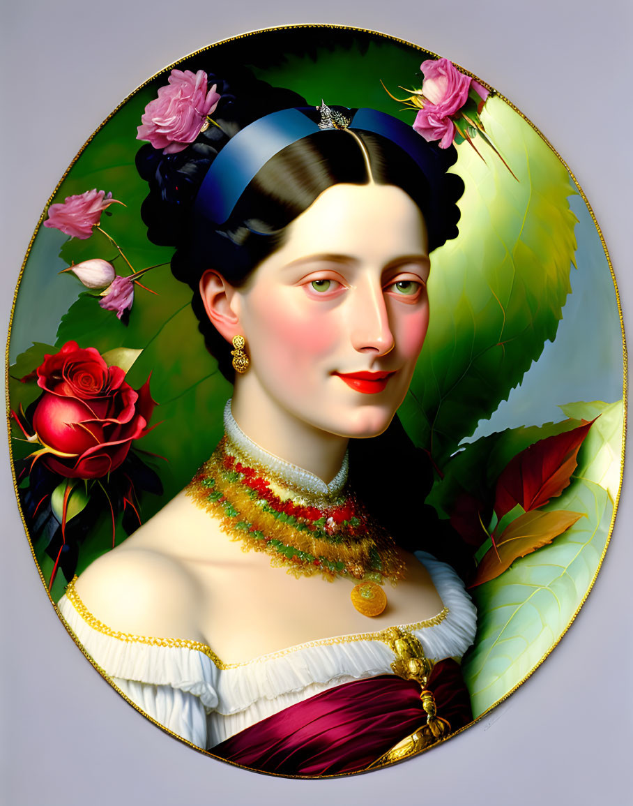 Portrait of woman with dark hair in blue headband, white dress, beaded necklace, and jew