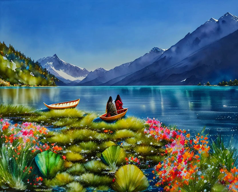 Tranquil lake scene with couple in boat, vibrant flowers, red canoe, and mirrored mountains