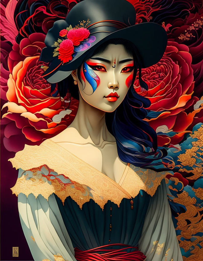 Illustrated woman with blue hair and black hat in traditional attire among red roses