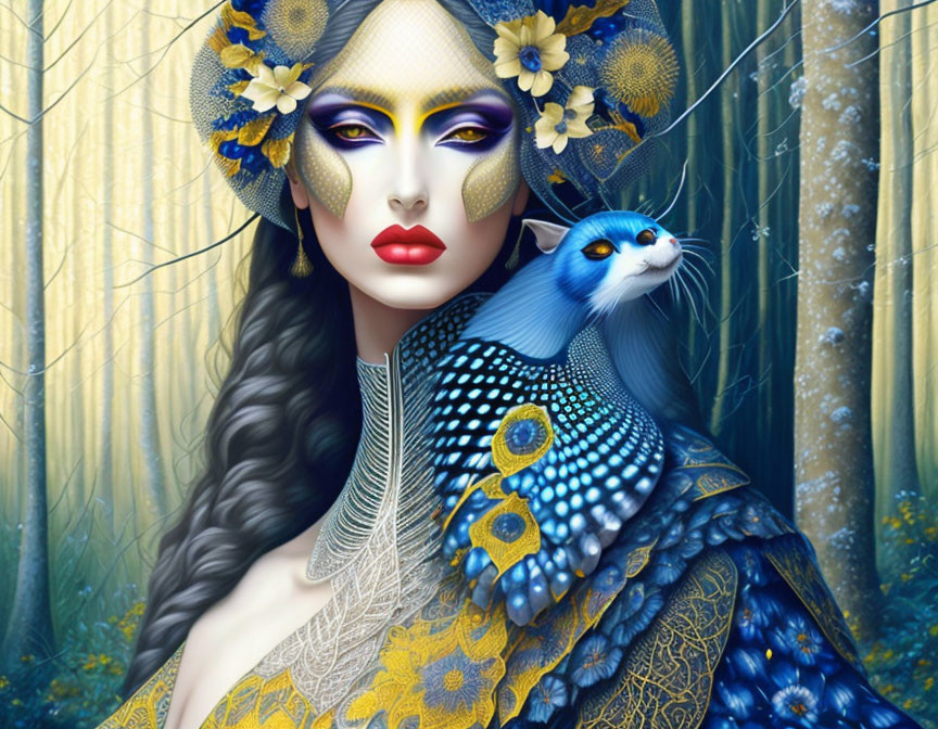 Fantasy portrait of woman with peacock makeup and attire holding cat in mystical forest