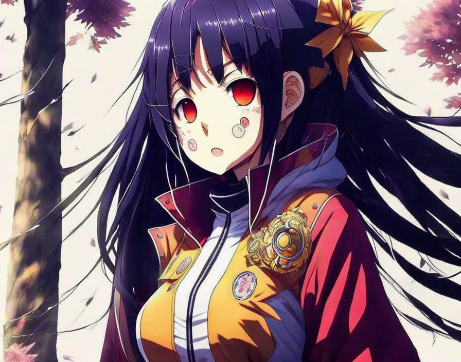 Purple-haired anime girl in traditional attire with red eyes and cherry blossom background.