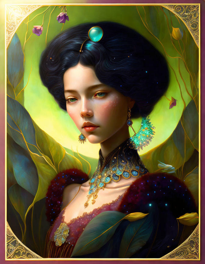 Fantastical portrait of a woman with dark hair and turquoise gem, golden jewelry, burgundy garment