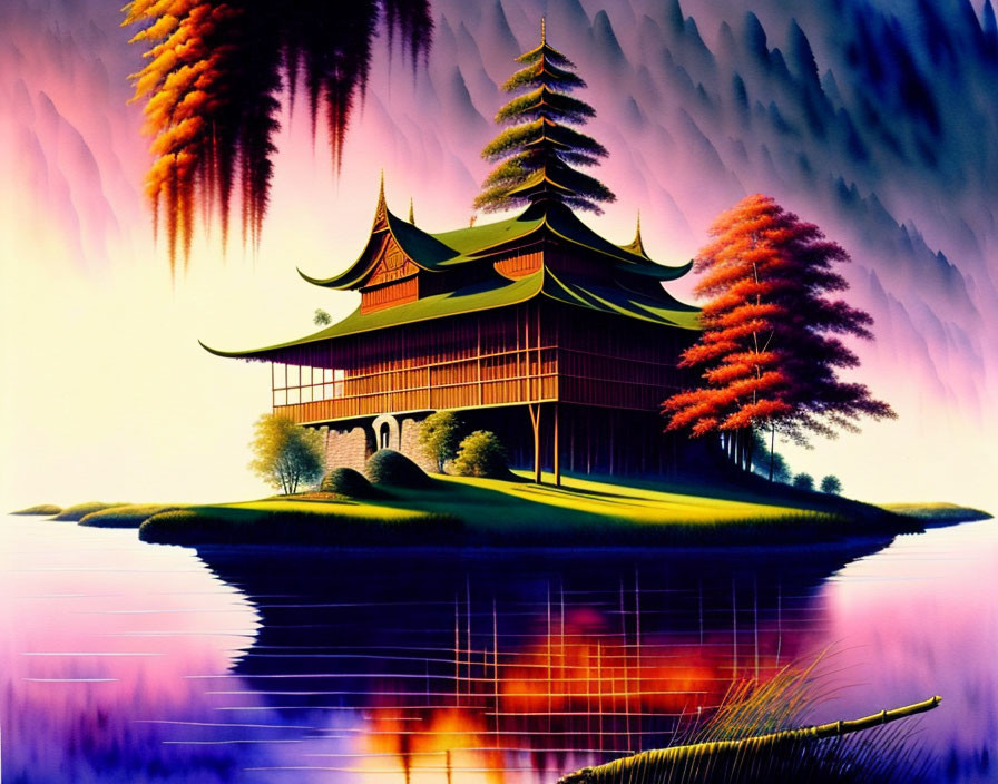 Traditional Asian Pavilion Surrounded by Trees on Island with Surreal Background