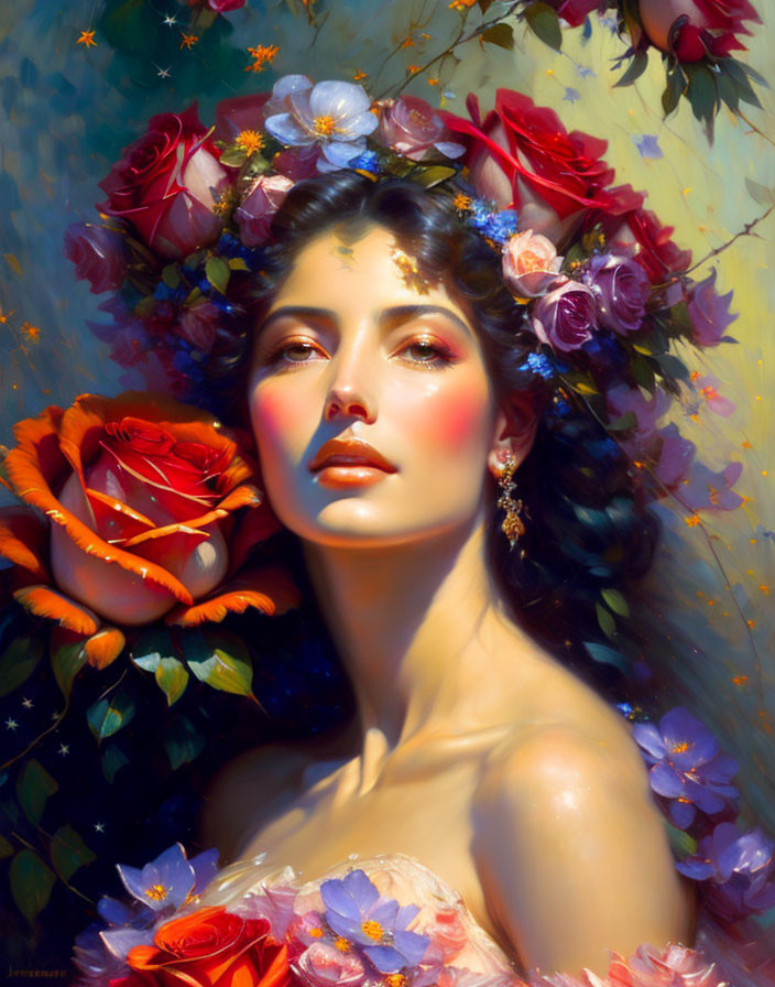 Portrait of woman with floral wreath and vibrant roses in warm lighting