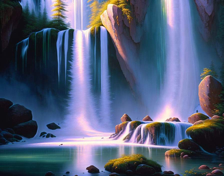 Tranquil forest scene: cascading waterfall, sunlight, lush greenery